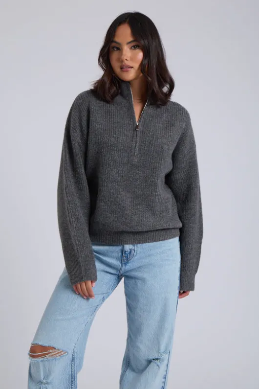 Grey Ribbed Oversized Half Zip Jumper