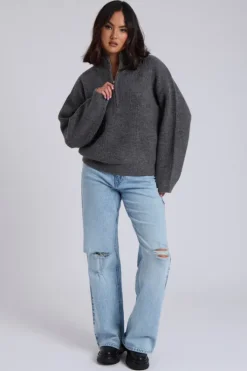 Grey Ribbed Oversized Half Zip Jumper