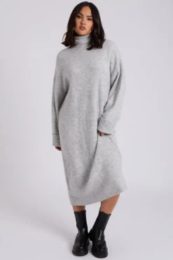 Grey Roll Neck Midi Dress