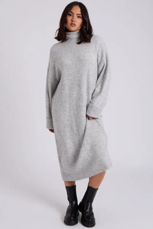 Grey Roll Neck Midi Dress