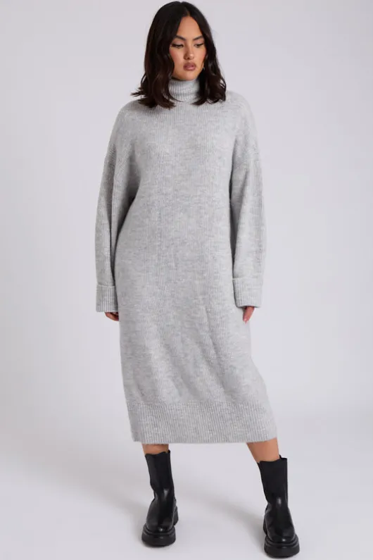 Grey Roll Neck Midi Dress