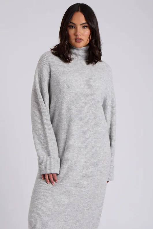 Grey Roll Neck Midi Dress