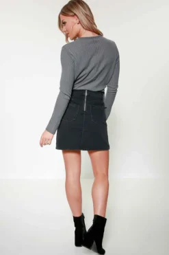 Jane Embroidered Flower Black Denim Mini Skirt