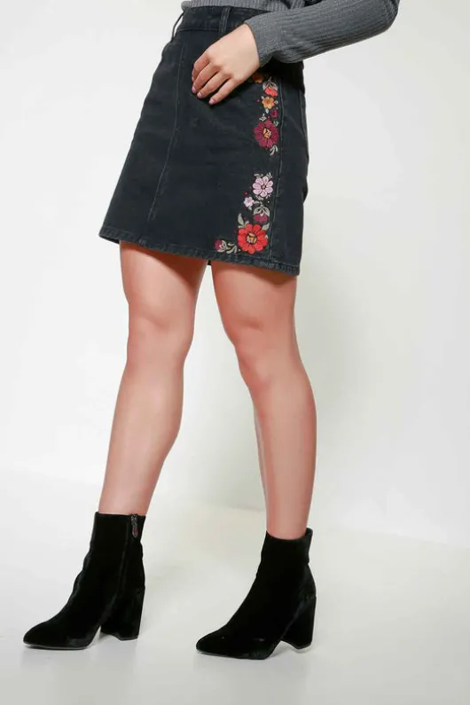 Jane Embroidered Flower Black Denim Mini Skirt