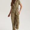 Khaki Daniel Parachute Zip Through Jumpsuit | Urban Bliss clothing
