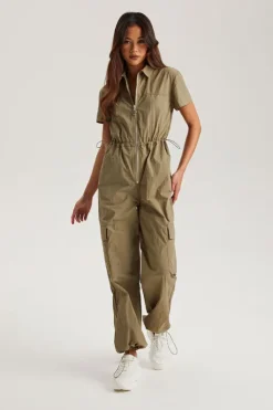 Khaki Daniel Parachute Zip Through Jumpsuit | Urban Bliss clothing