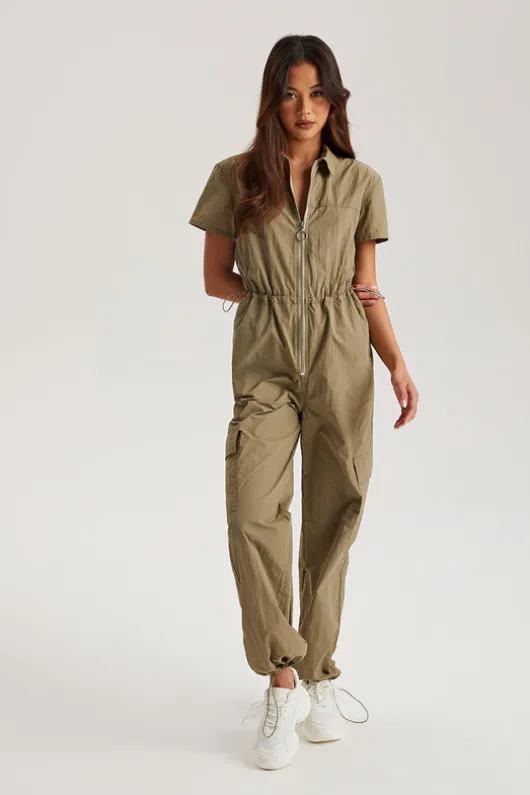 Khaki Daniel Parachute Zip Through Jumpsuit | Urban Bliss clothing