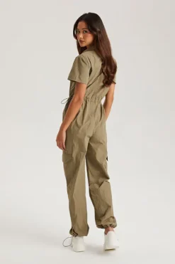 Khaki Daniel Parachute Zip Through Jumpsuit | Urban Bliss clothing