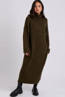 Khaki Roll Neck Midaxi Dress