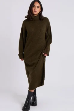 Khaki Roll Neck Midaxi Dress