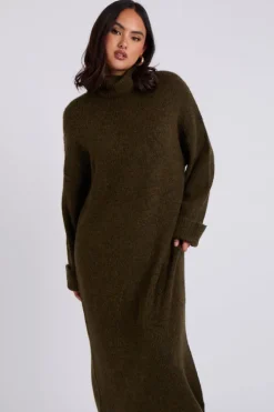 Khaki Roll Neck Midaxi Dress