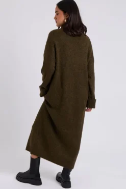 Khaki Roll Neck Midaxi Dress