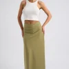Khaki Satin Bias Cut Maxi Skirt