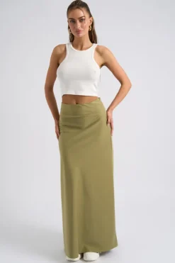 Khaki Satin Bias Cut Maxi Skirt