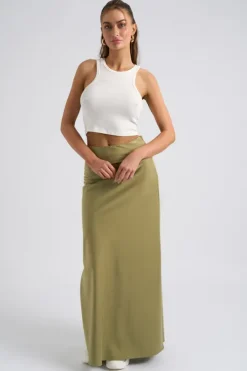 Khaki Satin Bias Cut Maxi Skirt