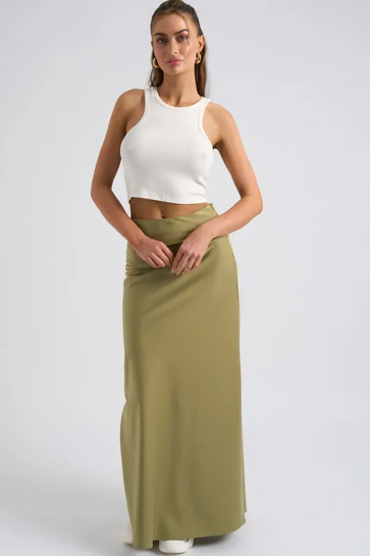 Khaki Satin Bias Cut Maxi Skirt