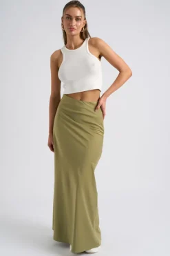 Khaki Satin Bias Cut Maxi Skirt
