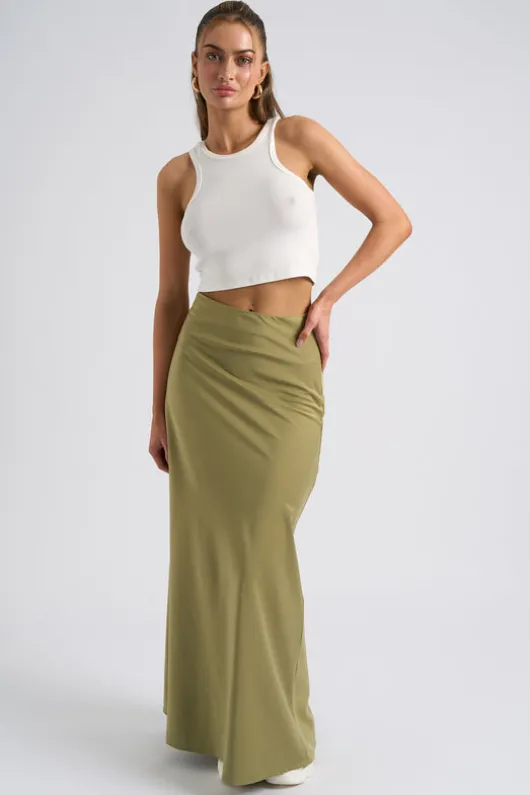 Khaki Satin Bias Cut Maxi Skirt