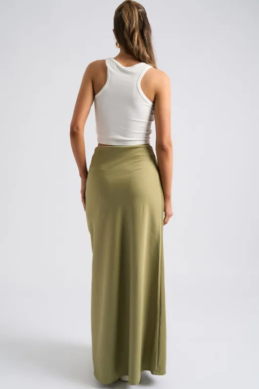 Khaki Satin Bias Cut Maxi Skirt