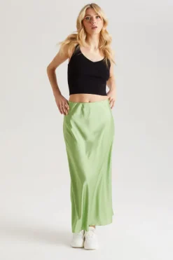 Lime Satin Maxi Skirt