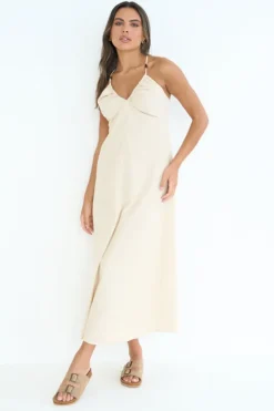 Linen Blend Beaded Maxi Dress