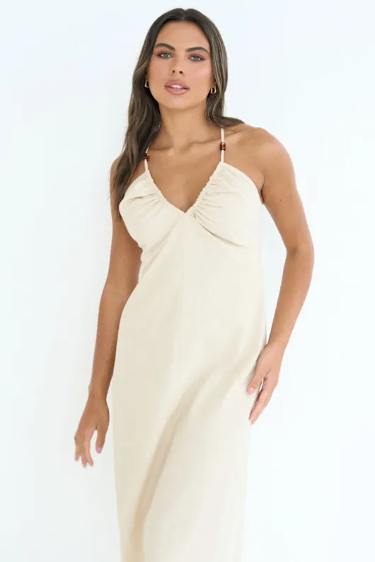 Linen Blend Beaded Maxi Dress