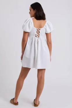 Linen Blend Lace Up Mini Smock Dress