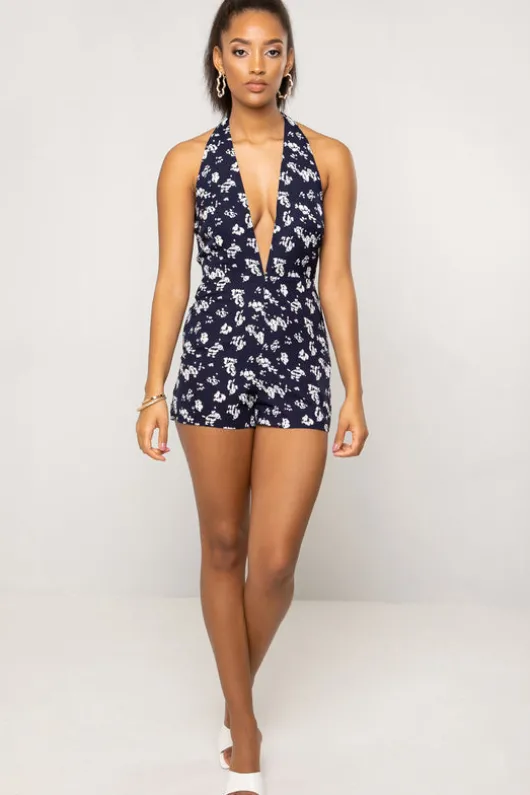 Mariella Halter Neck Plunge Tie Back Navy Floral Print Playsuit