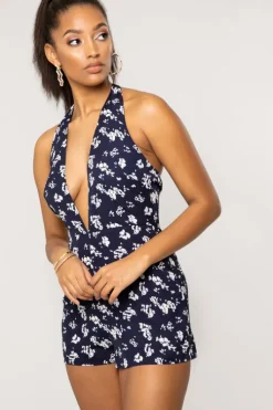 Mariella Halter Neck Plunge Tie Back Navy Floral Print Playsuit