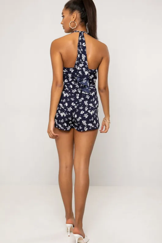 Mariella Halter Neck Plunge Tie Back Navy Floral Print Playsuit