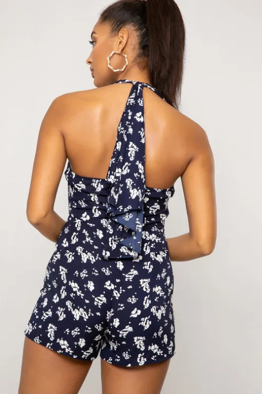 Mariella Halter Neck Plunge Tie Back Navy Floral Print Playsuit