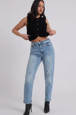 Mid Wash Ripped Mom Jean