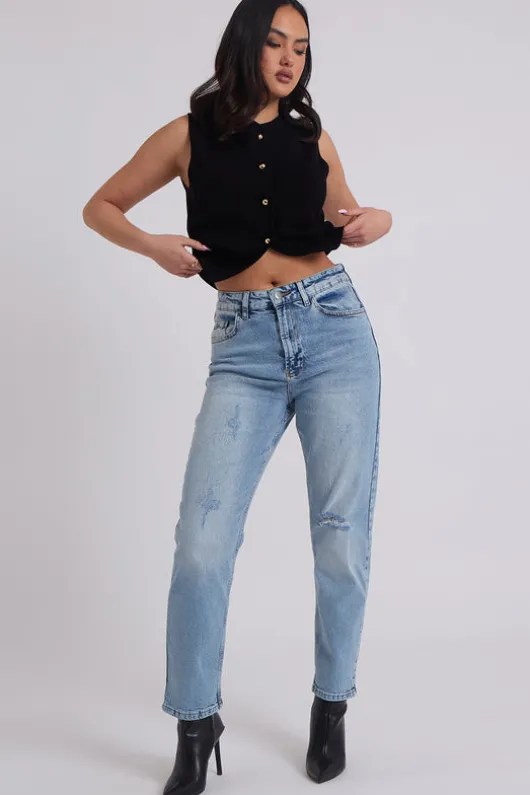 Mid Wash Ripped Mom Jean