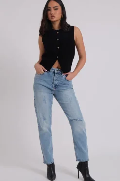 Mid Wash Ripped Mom Jean