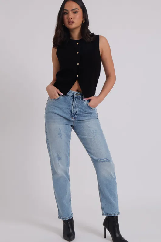 Mid Wash Ripped Mom Jean