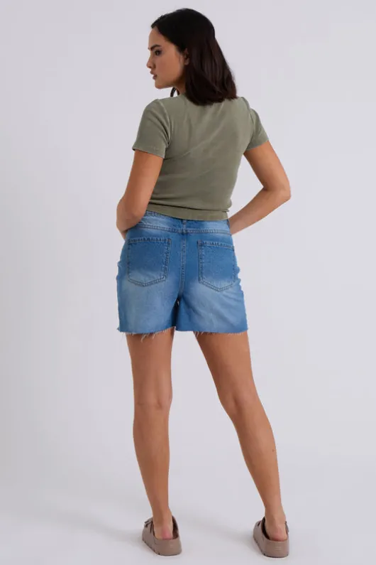 Mid-Wash Ripped Mom Short