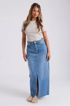 Mid-Wash Split Front Maxi Skirt