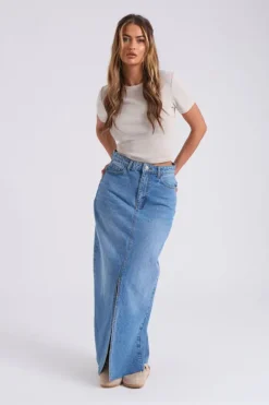 Mid-Wash Split Front Maxi Skirt