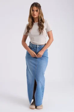 Mid-Wash Split Front Maxi Skirt