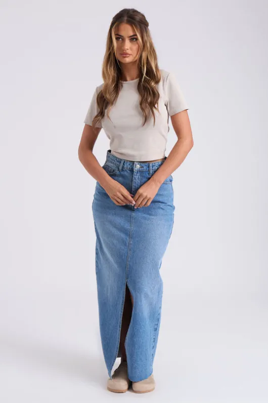 Mid-Wash Split Front Maxi Skirt