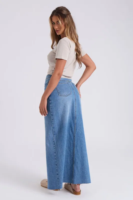 Mid-Wash Split Front Maxi Skirt