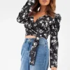 Mono Black Floral Satin Wrap Top
