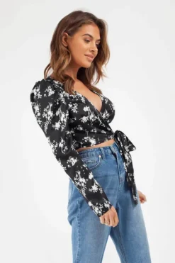 Mono Black Floral Satin Wrap Top