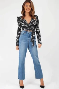 Mono Black Floral Satin Wrap Top