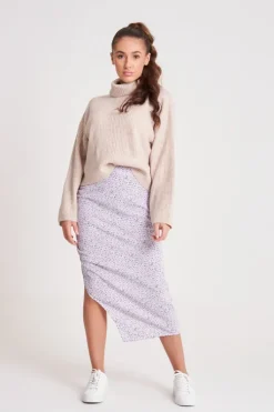 Oatmeal Crop Roll Neck Wide Rib Jumper