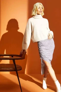 Oatmeal Crop Roll Neck Wide Rib Jumper
