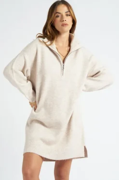 Oatmeal Plain Oversized Half Zip Dress