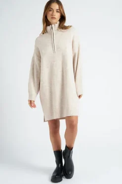Oatmeal Plain Oversized Half Zip Dress
