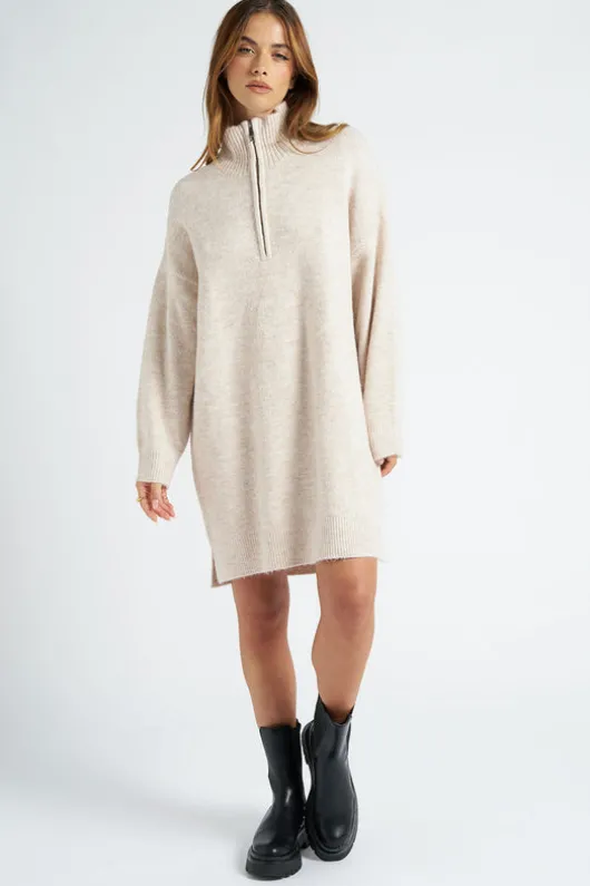 Oatmeal Plain Oversized Half Zip Dress
