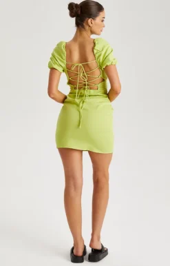 Olive Linen Lace Up Back Mini Dress